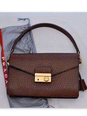 NWOT with Dust Bag Prada Berlino Sound Brown Pebbled Leather Shoulder Bag Italy